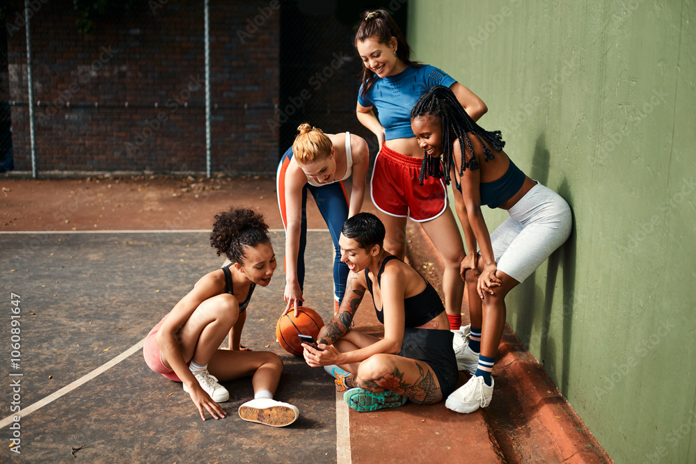 Fototapeta premium Basketball, happy friends and selfie of women for sport, social media or diversity together at court. Picture, ball or group of girls outdoor for photography on training break, fitness or team memory