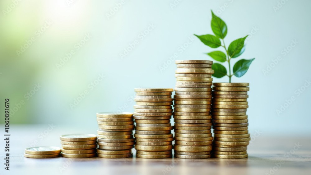 A stack of coins with a small plant sprouting through it. A stack of coins with a small plant sprouting through it.
