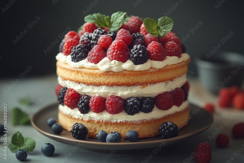 Cake made of sponge cake and white cream with berries close-up. Sweets, pastries, confectionery, dessert Cake made of sponge cake and white cream with berries close-up. Sweets, pastries, confectionery, dessert