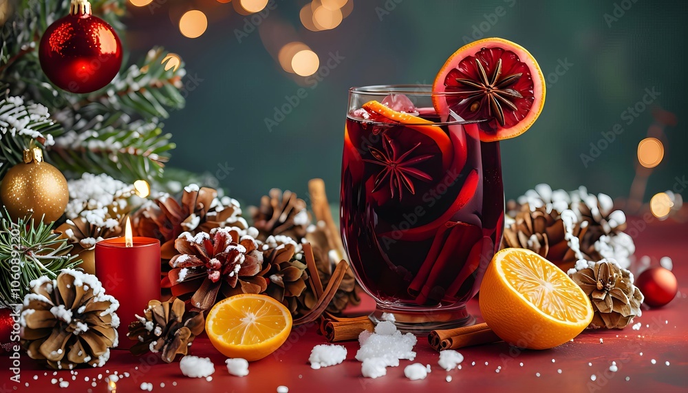 Festive mulled wine and pine cones with Christmas decor, perfect holiday background Festive mulled wine and pine cones with Christmas decor, perfect holiday background