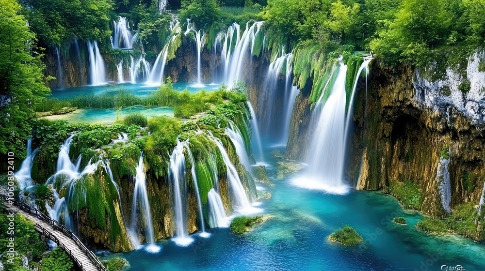 Obraz premium Serene Waterfalls in a Lush Green Landscape