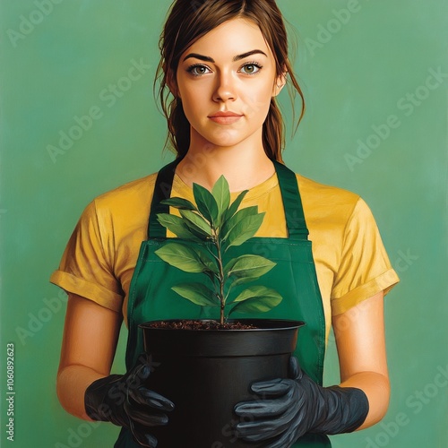 A young woman in a green apron holds a potted plant against a green background. photo