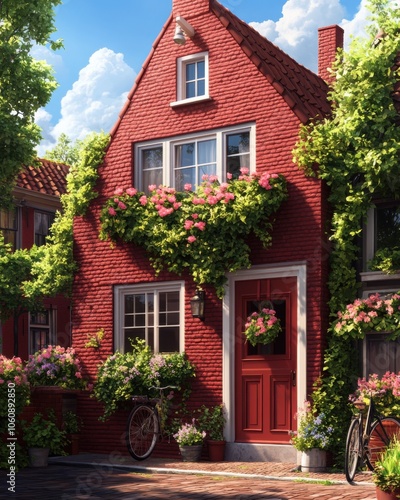 Charming red brick house adorned with flowers and greenery, bicycle at the front. photo