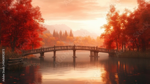 Serene Lake View with Autumn Colors and Bridge