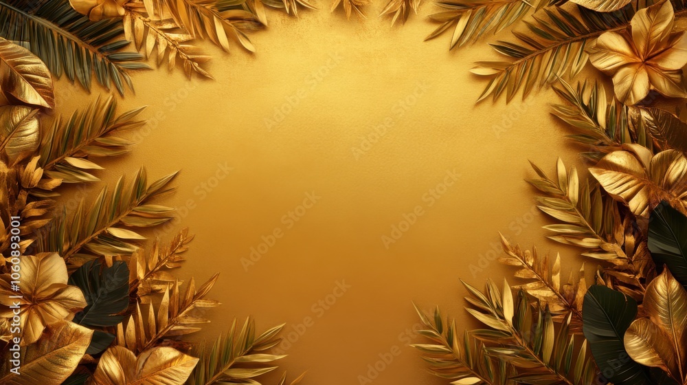 Elegant golden floral frame with lush leaves and space for text or images. Elegant golden floral frame with lush leaves and space for text or images.