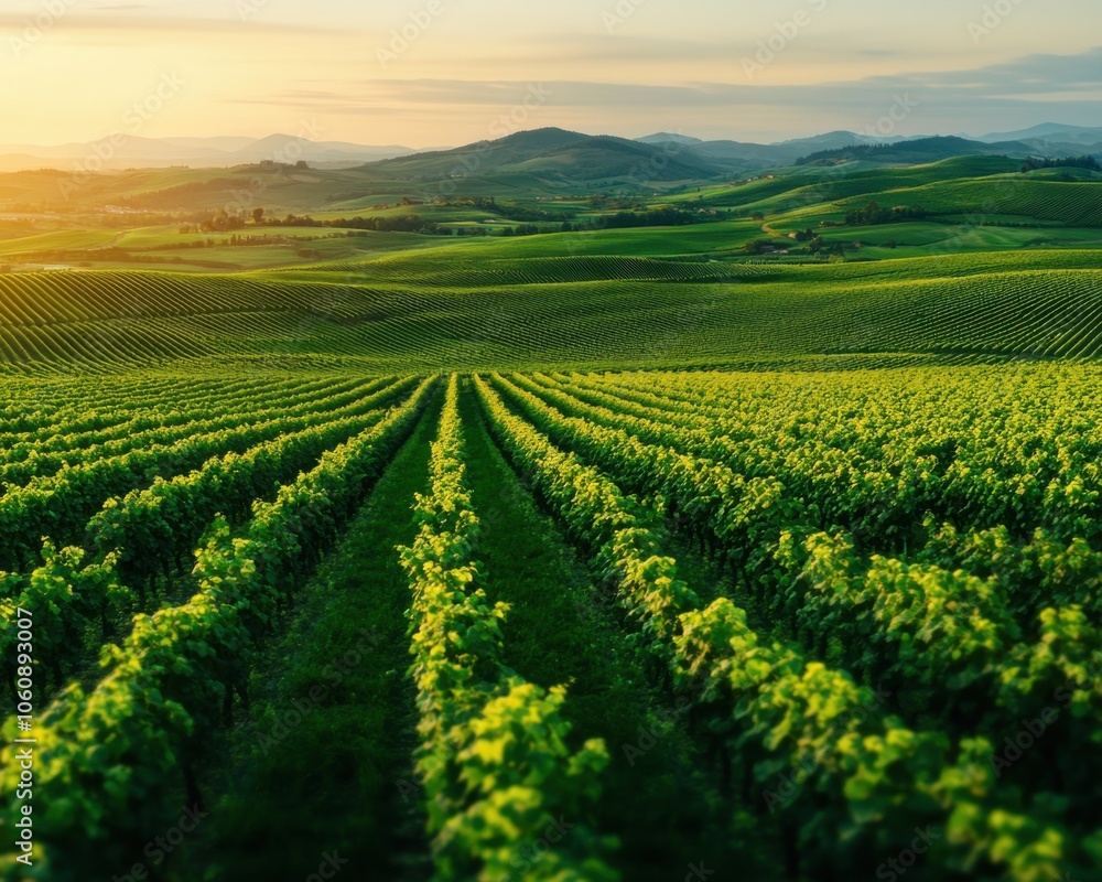 Vast vineyard landscape with rows of grapevines and rolling hills under a sunset sky. Vast vineyard landscape with rows of grapevines and rolling hills under a sunset sky.