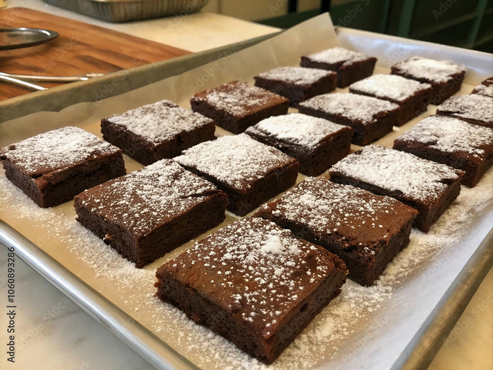 Top view of classic chocolate brownies dusted with powdered sugar Top view of classic chocolate brownies dusted with powdered sugar