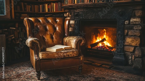 A leather armchair with a book sitting on it, next to a roaring fire.