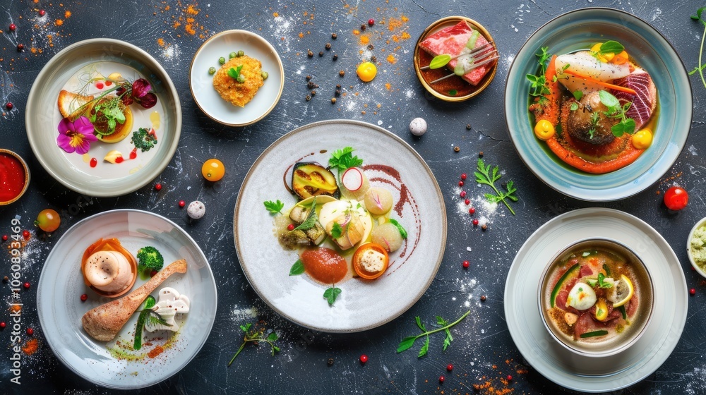 Empty plate with variety of dishes concept Empty plate with variety of dishes concept
