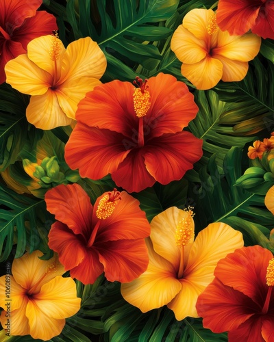 Wallpaper Mural Colorful hibiscus flowers surrounded by vibrant green leaves. Torontodigital.ca