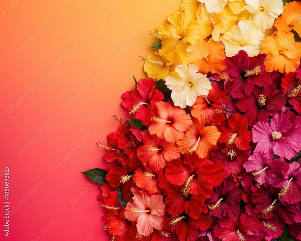 Colorful hibiscus flowers arranged on a vibrant gradient background. Colorful hibiscus flowers arranged on a vibrant gradient background.
