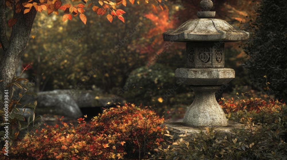 Traditional Serene Stone Lantern in Autumn Garden