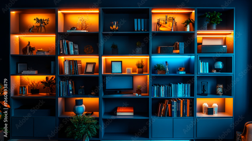 Modern interior background with illuminated wooden bookshelf. Warm orange ambient LED lighting with blue accents on dark background. Contemporary furniture with decorative plants. Modern interior background with illuminated wooden bookshelf. Warm orange ambient LED lighting with blue accents on dark background. Contemporary furniture with decorative plants.