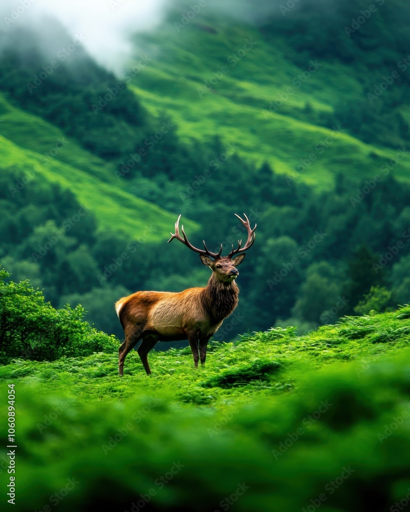 Fototapeta premium Majestic stag standing in verdant landscape under misty hills.