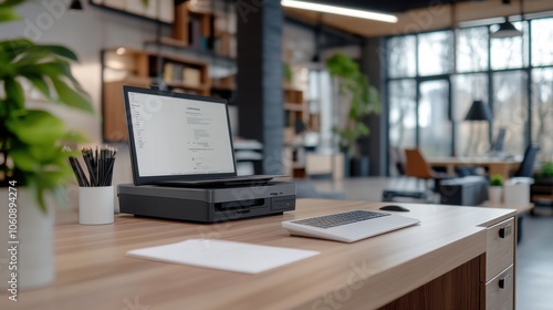 Wallpaper Mural Modern Office Workspace with Printer and Laptop Torontodigital.ca