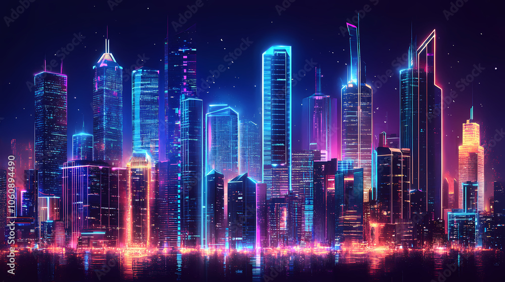 Dazzling cyberpunk metropolis glows with neon lights, showcasing futuristic skyscrapers and advanced urban development at night. Neon Blade City. Illustration Dazzling cyberpunk metropolis glows with neon lights, showcasing futuristic skyscrapers and advanced urban development at night. Neon Blade City. Illustration