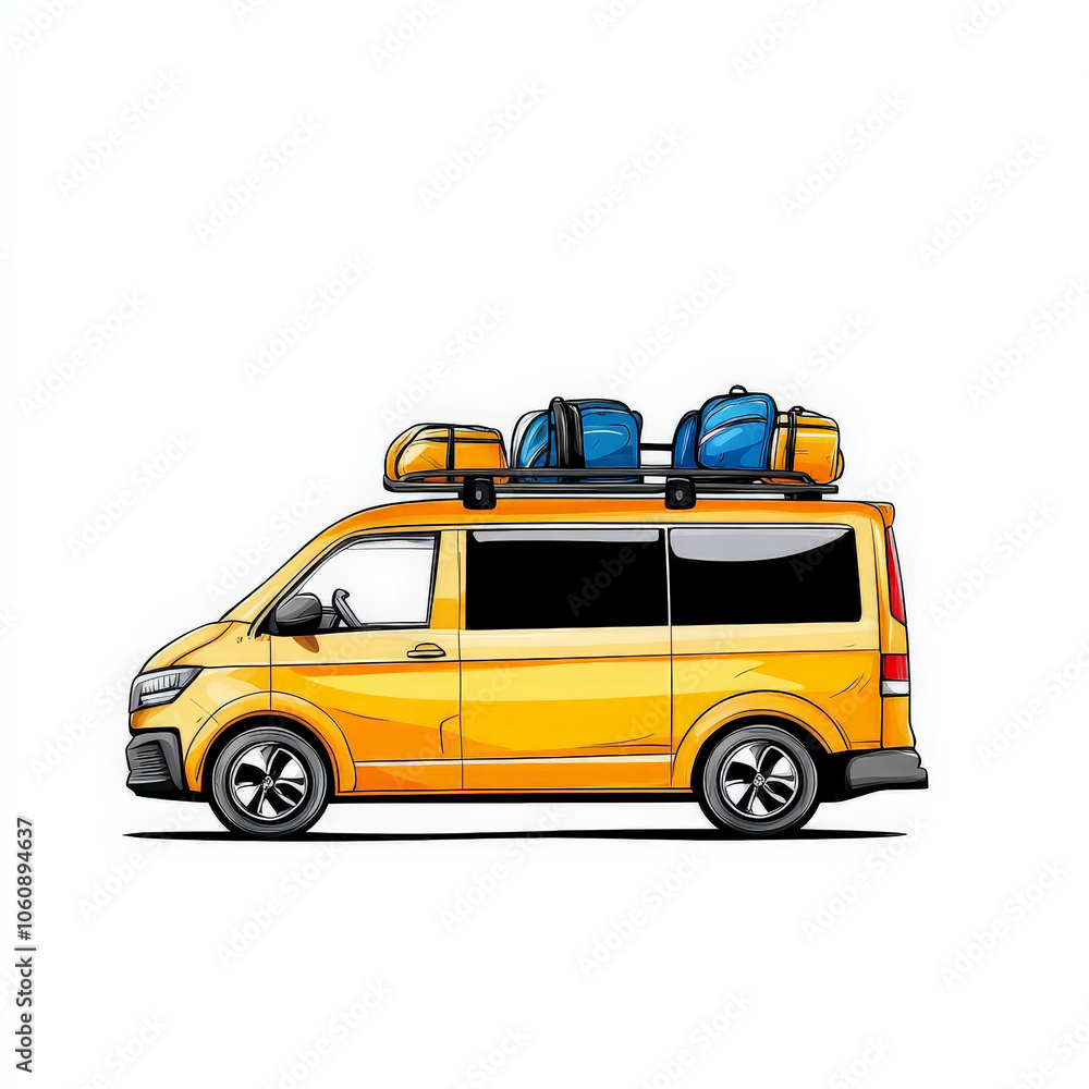 Cartoon Mini Bus with Luggage for Travel Adventures Cartoon Mini Bus with Luggage for Travel Adventures