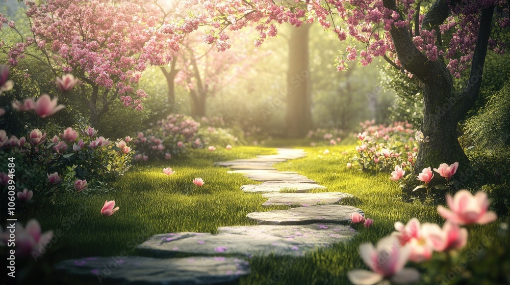 Winding Garden Path in Blooming Scene Winding Garden Path in Blooming Scene