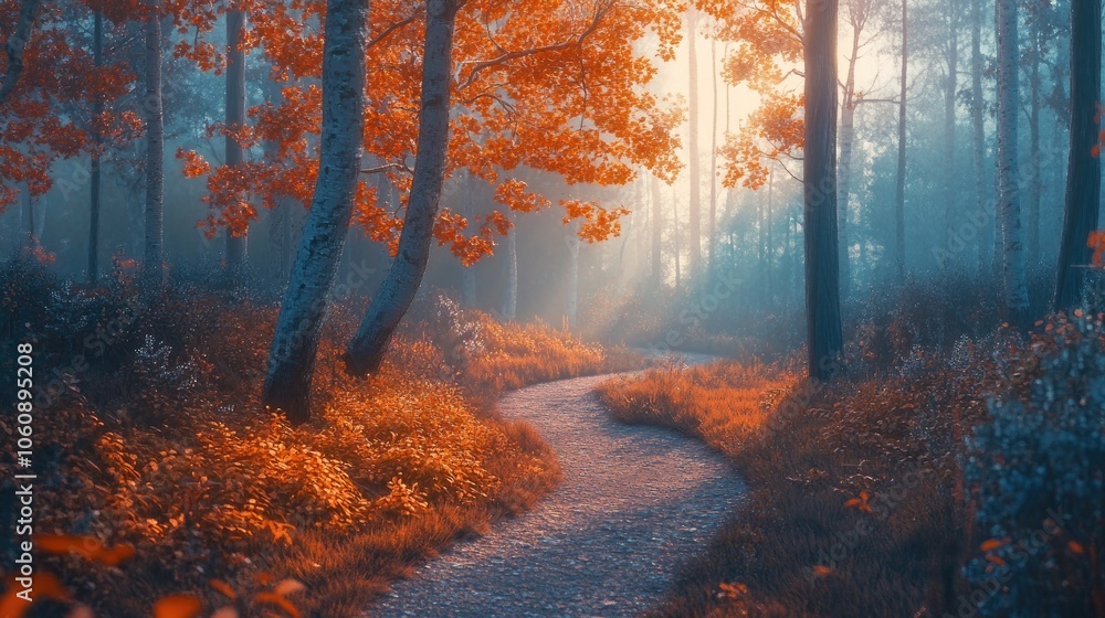 Obraz premium Serene Winding Path Through Tranquil Autumn Forest