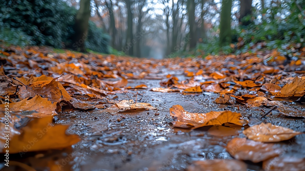 Fototapeta premium Autumn leaves on misty forest path.
