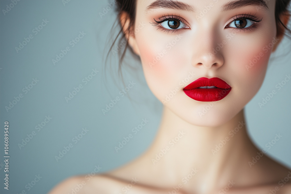 A woman's face, tightly framed Red lipstick marks her full lips A woman's face, tightly framed Red lipstick marks her full lips