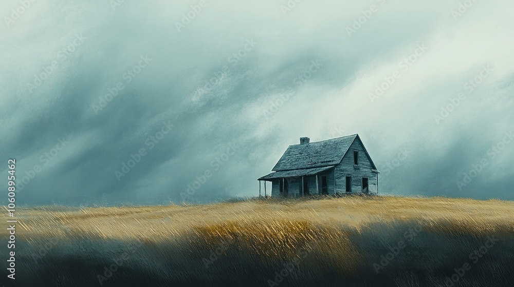A weathered farmhouse stands alone in a field of tall grass under a stormy sky. A weathered farmhouse stands alone in a field of tall grass under a stormy sky.