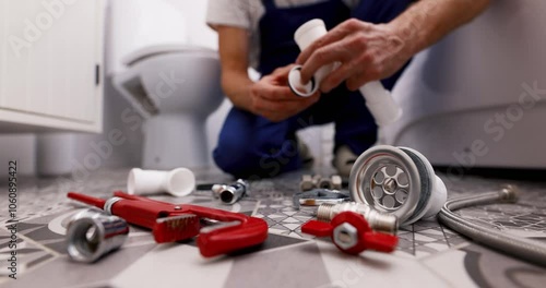 plumber working in bathroom. installing drain pipes. plumbing services