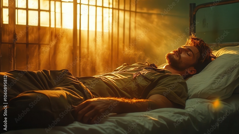 A man lies in bed, bathed in the golden light of the setting sun A man lies in bed, bathed in the golden light of the setting sun