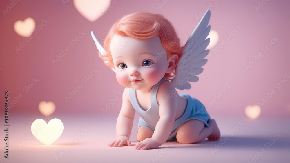 Fototapeta premium Cute baby Cupid pink background. cartoon St Valentines day character. Lovely angel for romantic themes design