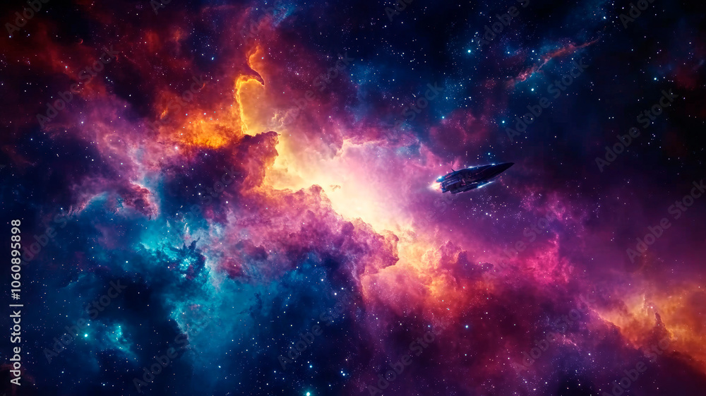 Outer space nebula with purple, blue, and orange gas clouds, cosmic glow and distant spaceship. Dark interstellar background. Soft glowing texture. Sci-fi adventure theme Outer space nebula with purple, blue, and orange gas clouds, cosmic glow and distant spaceship. Dark interstellar background. Soft glowing texture. Sci-fi adventure theme