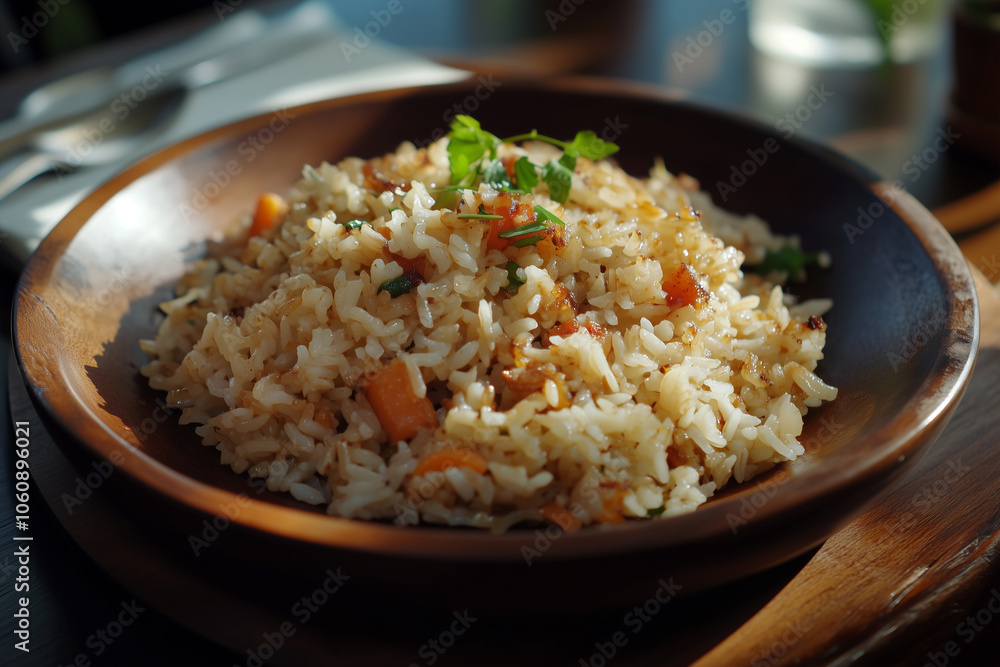 Deliciously simple A bowl of steamed rice garnished with fresh herbs Deliciously simple A bowl of steamed rice garnished with fresh herbs