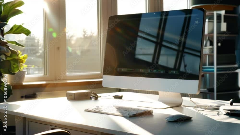 Desktop computer, keyboard, mouse and green indoor plant in a modern sunlit home office 