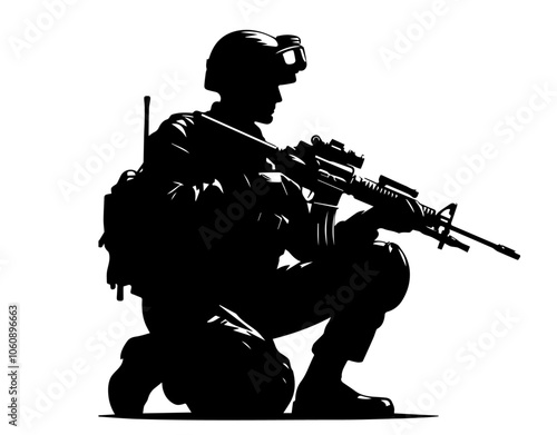 silhouette of soldier in combat gear kneeling with rifle on white background