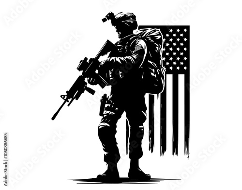 american soldier in tactical gear with flag background