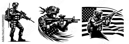 patriotic soldiers with american flag