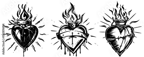 sacred heart symbols with flames and thorns
