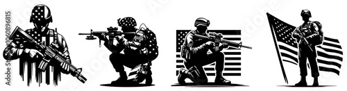 military soldier silhouettes in action poses vector
