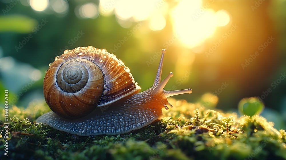 Elegant Snail Slowly Crawling on Moss Covered Ground in Soft Sunlight Elegant Snail Slowly Crawling on Moss Covered Ground in Soft Sunlight