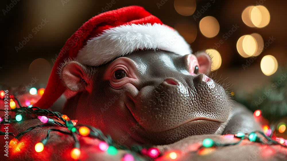 cute baby Hippopotamus in santa claus cap with christmas lights cute baby Hippopotamus in santa claus cap with christmas lights