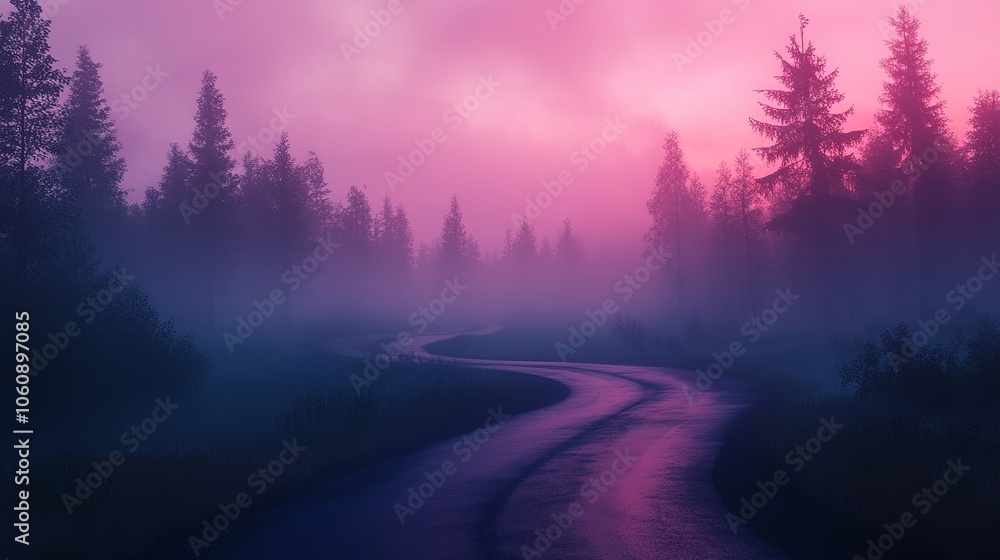 A winding road leads through a foggy forest at dusk, bathed in a soft pink glow. A winding road leads through a foggy forest at dusk, bathed in a soft pink glow.