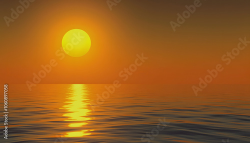 Digital rendering depicting a vibrant yellow sun setting over a tranquil ocean casting reflections on the water surface isolated with white shades, png