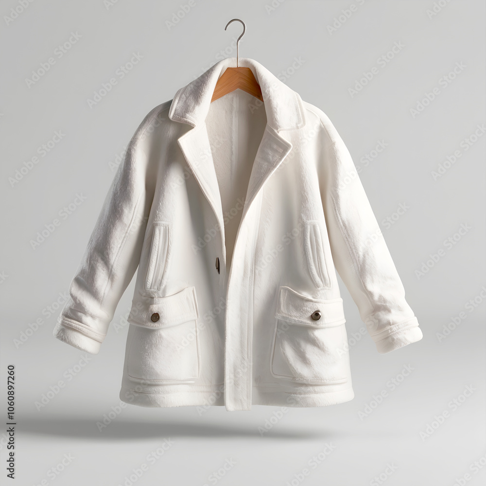 mockup 3D white coat for winter hanging on a clothes hanger mockup 3D white coat for winter hanging on a clothes hanger
