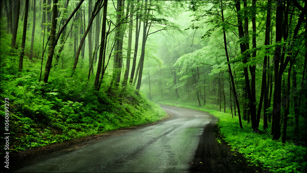 Obraz premium A serene road winding through a lush green forest, surrounded by tall trees and vibrant foliage.
