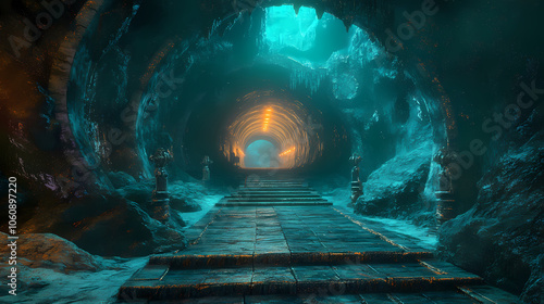 Fantasy futuristic underground tunnel environment. wide panoramic 3d render. Neon Blade City. Illustration photo