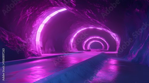 Fototapeta Naklejka Na Ścianę i Meble -  Fantasy futuristic underground tunnel environment. wide panoramic 3d render. Neon Blade City. Illustration