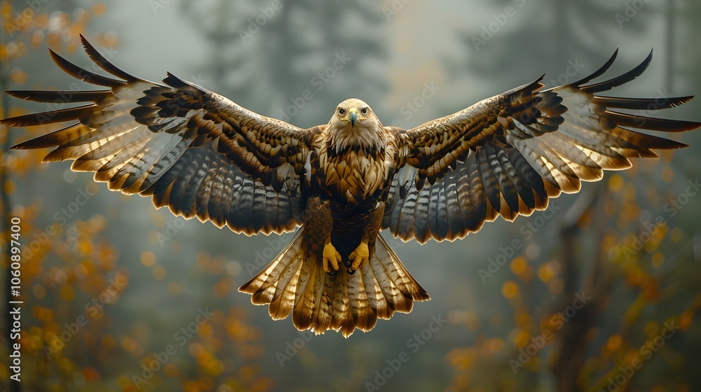 Obraz premium Majestic Eagle Soaring Over Lush Forest Landscape in Nature Documentary Aerial Shot