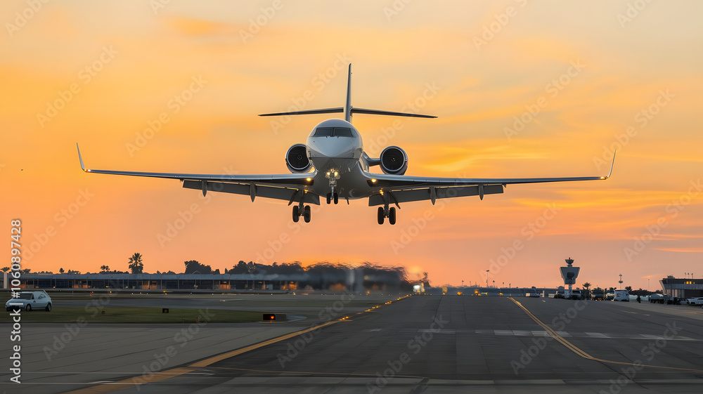 A private jet descending against a bright orange horizon.
A private jet descending against a bright orange horizon.