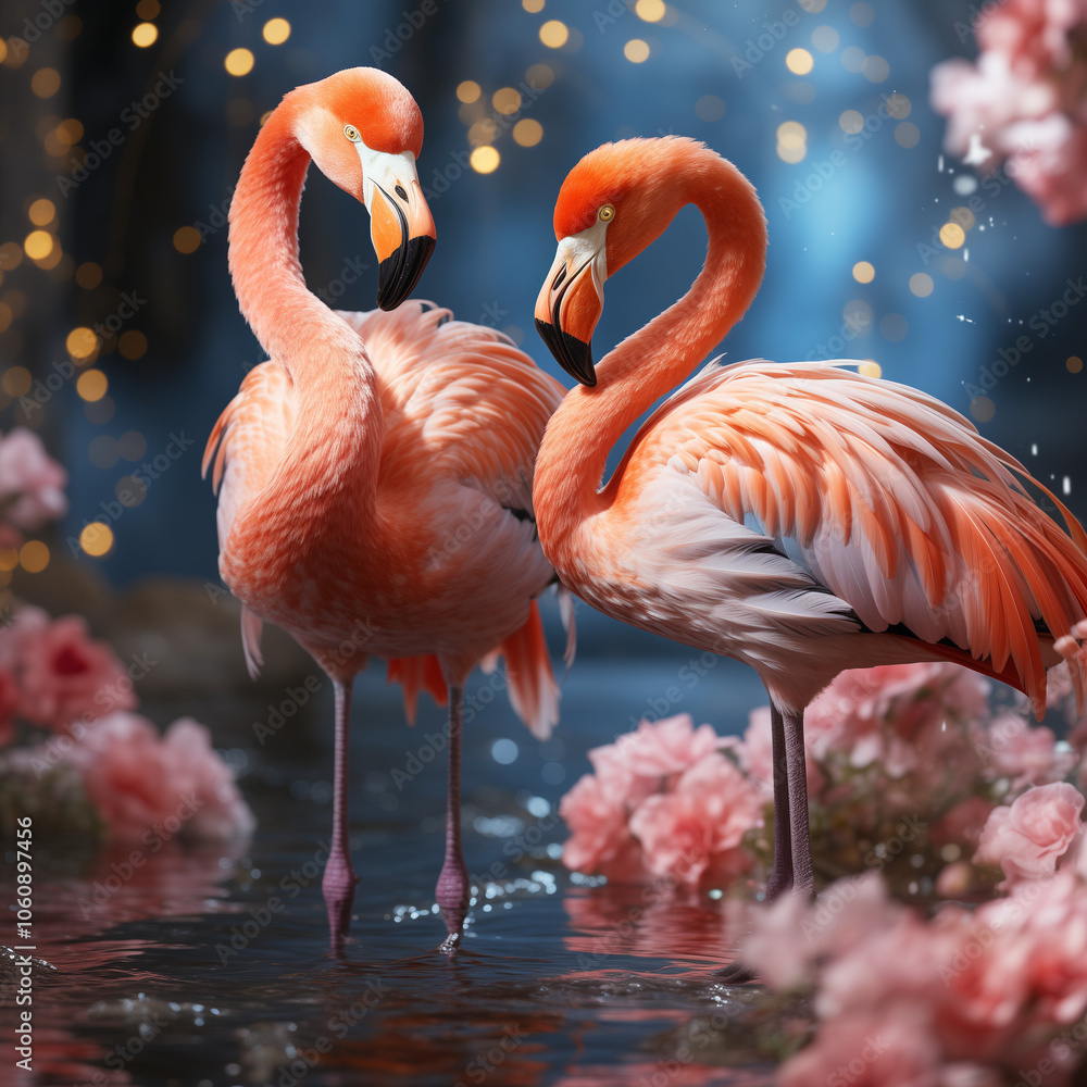 Naklejka premium Graceful pink flamingos creating heart shape against magical bokeh background with cherry blossoms