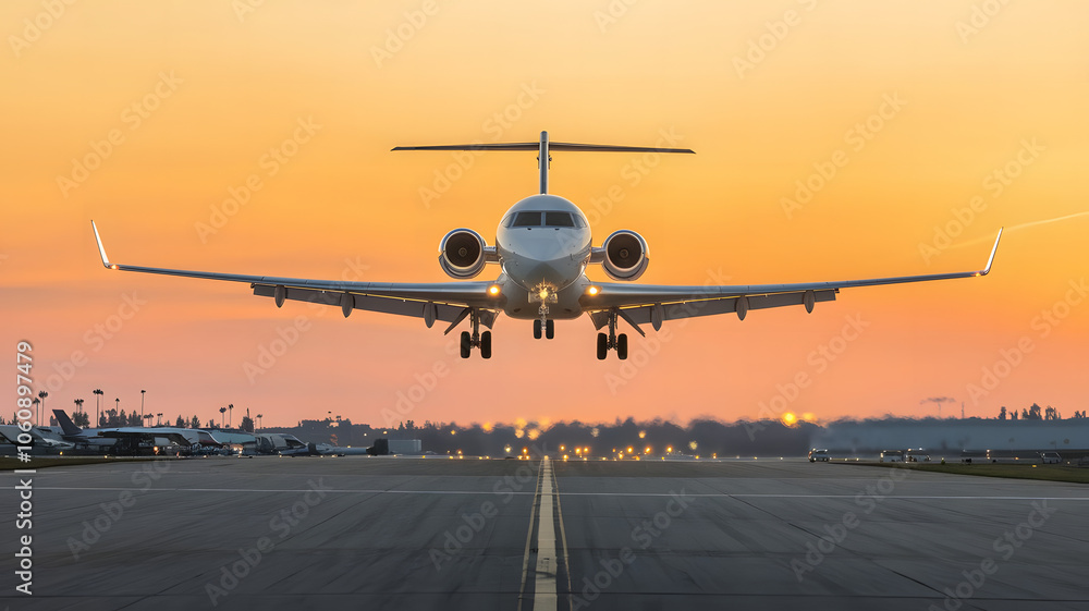 A private jet descending against a bright orange horizon.
A private jet descending against a bright orange horizon.