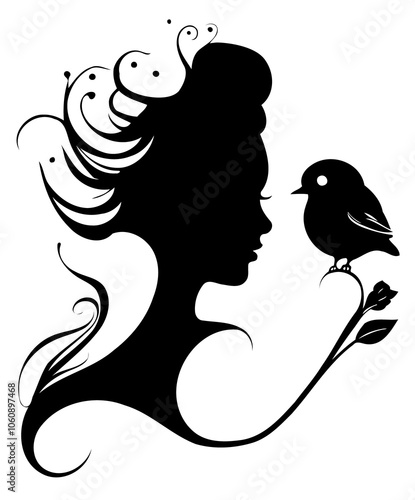 Silhouette tattoo of a girl's head with bird  on  transparent background.